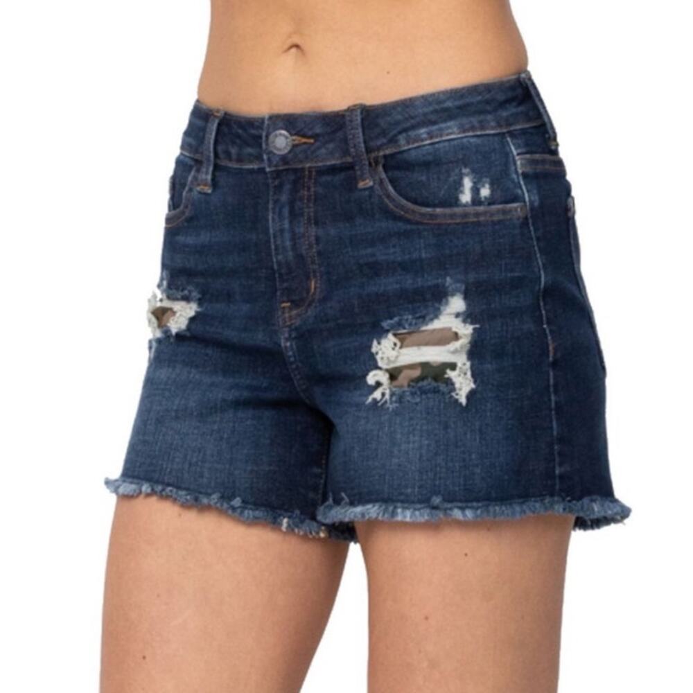 Judy Blue NWT High Rise Camo Patch Distressed Dark Wash Denim Shorts‎ Size 1XL